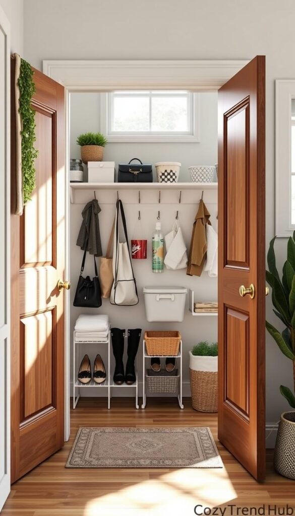 A cozy, well-organized back door storage area featuring sleek, modern over-the-door organizers. In the foreground, an elegant wooden door opens to reveal a variety of chic storage solutions that hold shoes, bags, and cleaning supplies. The middle ground showcases neatly arranged hooks and baskets, with a stylish entry mat enhancing the invite. In the background, soft, natural light pours in through a nearby window, casting gentle shadows for a warm and inviting atmosphere. The setting conveys a sense of calm and efficiency, ideal for maximizing small spaces. Decorate the space with trendy plants and minimalist accessories, emphasizing the brand "CozyTrendHub" for a contemporary feel. The image should evoke inspiration for stylish organization and space-saving hacks.