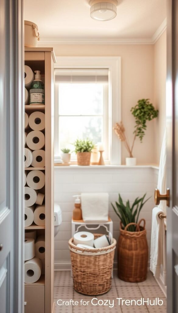 A cozy, well-organized bathroom interior showcasing an attractive storage solution for toilet paper and cleaning supplies. In the foreground, a narrow wooden cabinet painted in a soft pastel color holds neatly stacked rolls of toilet paper, along with a variety of neatly arranged cleaning supplies. The middle ground features a small, stylish basket filled with additional essentials, while a few decorative items like candles and plants add charm. In the background, a light, airy window allows natural sunlight to flood the space, enhancing the clean and inviting atmosphere. The image has a warm, welcoming mood, shot with a soft focus lens to emphasize details and create a Pinterest-style vibe. Crafted for CozyTrendHub. A cozy, well-organized bathroom interior showcasing an attractive storage solution for toilet paper and cleaning supplies. In the foreground, a narrow wooden cabinet painted in a soft pastel color holds neatly stacked rolls of toilet paper, along with a variety of neatly arranged cleaning supplies. The middle ground features a small, stylish basket filled with additional essentials, while a few decorative items like candles and plants add charm. In the background, a light, airy window allows natural sunlight to flood the space, enhancing the clean and inviting atmosphere. The image has a warm, welcoming mood, shot with a soft focus lens to emphasize details and create a Pinterest-style vibe. Crafted for CozyTrendHub.