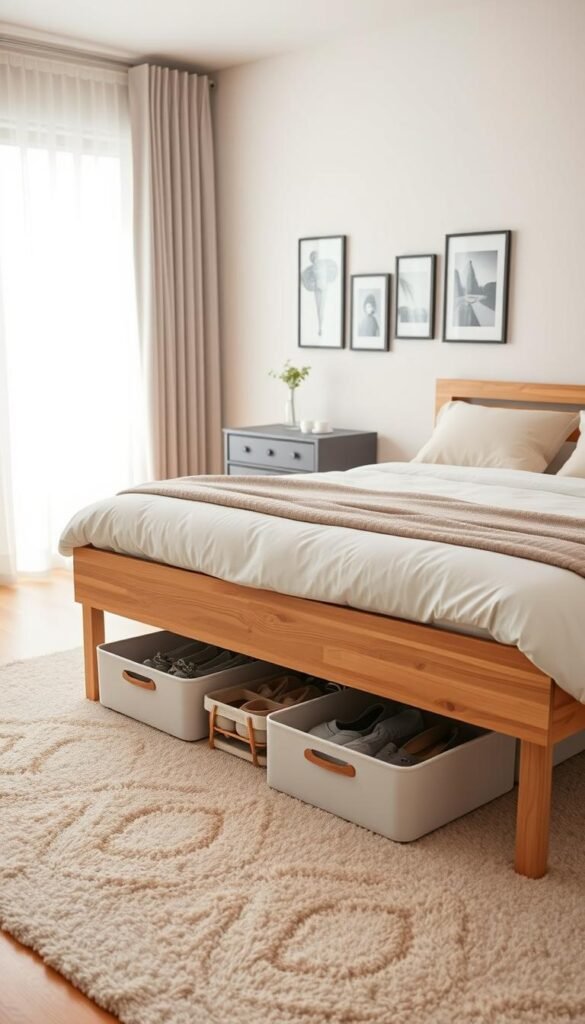 A cozy, well-organized bedroom featuring stylish underbed storage solutions. In the foreground, a wooden bed frame elevates slightly with bed risers, revealing neatly arranged storage bins in soft pastel colors underneath, filled with seasonal clothing and shoes. The middle area showcases a plush rug that complements the bedspread, creating a warm environment. In the background, light streams through sheer curtains, illuminating a gallery wall of framed art above a small nightstand. The mood is serene and inviting, with a fresh, airy atmosphere that encourages decluttering and maximizing space. The image should embody the essence of modern, minimalist decor, appealing to Pinterest-style aesthetics. Include the brand name "CozyTrendHub" subtly within the scene, ensuring no text is directly visible. A cozy, well-organized bedroom featuring stylish underbed storage solutions. In the foreground, a wooden bed frame elevates slightly with bed risers, revealing neatly arranged storage bins in soft pastel colors underneath, filled with seasonal clothing and shoes. The middle area showcases a plush rug that complements the bedspread, creating a warm environment. In the background, light streams through sheer curtains, illuminating a gallery wall of framed art above a small nightstand. The mood is serene and inviting, with a fresh, airy atmosphere that encourages decluttering and maximizing space. The image should embody the essence of modern, minimalist decor, appealing to Pinterest-style aesthetics. Include the brand name "CozyTrendHub" subtly within the scene, ensuring no text is directly visible.