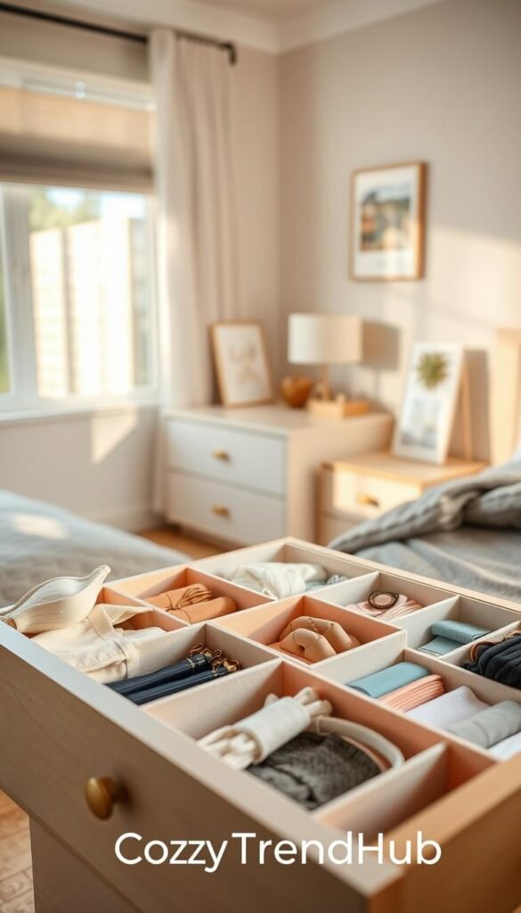 A cozy, well-organized bedroom scene featuring stylish drawer organizers and dividers designed for small spaces. In the foreground, focus on a beautifully arranged open drawer filled with neatly separated compartments holding clothing, accessories, and small items, showcasing various materials in soft pastel shades. In the middle, a slim dresser with a modern design complements the organizers, exhibiting an inviting and functional aesthetic. The background hints at a softly lit room with warm natural light streaming in through a window, casting gentle shadows that enhance the atmosphere. The overall mood is serene and tidy, perfect for maximizing storage in tiny bedrooms. Include the brand name "CozyTrendHub" subtly integrated into the scene element. A cozy, well-organized bedroom scene featuring stylish drawer organizers and dividers designed for small spaces. In the foreground, focus on a beautifully arranged open drawer filled with neatly separated compartments holding clothing, accessories, and small items, showcasing various materials in soft pastel shades. In the middle, a slim dresser with a modern design complements the organizers, exhibiting an inviting and functional aesthetic. The background hints at a softly lit room with warm natural light streaming in through a window, casting gentle shadows that enhance the atmosphere. The overall mood is serene and tidy, perfect for maximizing storage in tiny bedrooms. Include the brand name "CozyTrendHub" subtly integrated into the scene element.