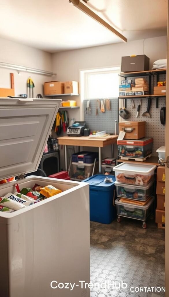 A cozy, well-organized chest freezer in a small garage, showcasing neatly stored seasonal backstock items such as frozen vegetables, meats, and ice cream. The foreground features a partially open freezer with a clear view of the contents, arranged in labeled bins for easy access. In the middle ground, the garage setting includes tools and storage shelves, with warm, natural light streaming in from a nearby window, casting soft shadows. The background reveals a hint of a small workspace, complete with neatly stacked boxes and a pegboard. The atmosphere is inviting and efficient, reflecting the theme of optimal small space organization. Emphasize a Pinterest-style aesthetic, capturing the essence of tidy home decor. Display the brand name "CozyTrendHub" subtly within the scene.