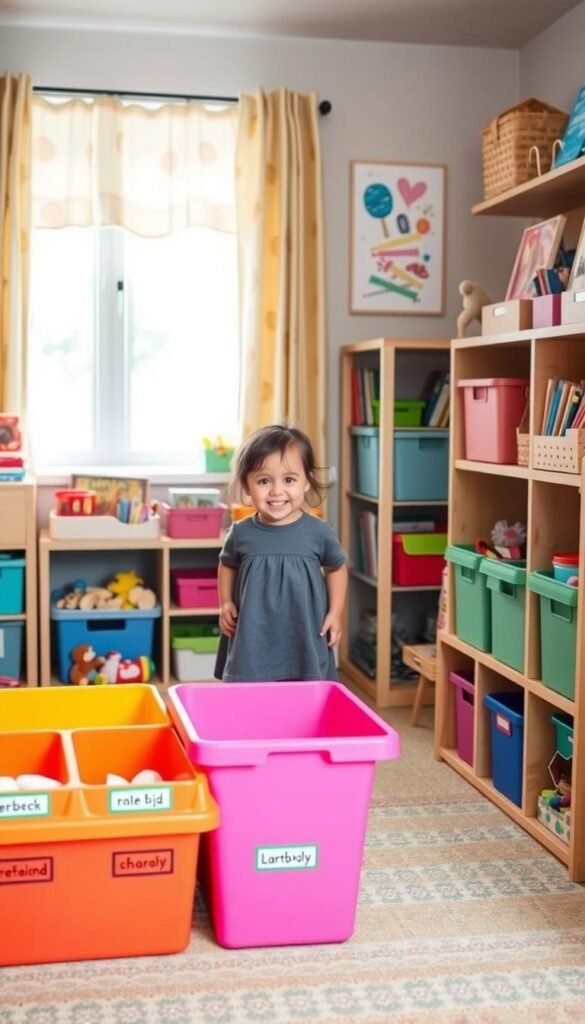 A cozy, well-organized children's playroom, featuring simple, colorful organization systems that kids can manage. In the foreground, vibrant, labeled bins and shelves filled with toys, books, and art supplies. The middle ground displays a cheerful, modestly dressed child, around 6 years old, actively tidying up, showcasing the systems in action. In the background, soft natural light filters through a window adorned with cheerful curtains, illuminating a wall with art created by the child, enhancing the atmosphere of creativity and order. The room has a warm, inviting feel, with light wood furniture and playful decor that aligns with the Pinterest-style aesthetic of CozyTrendHub.