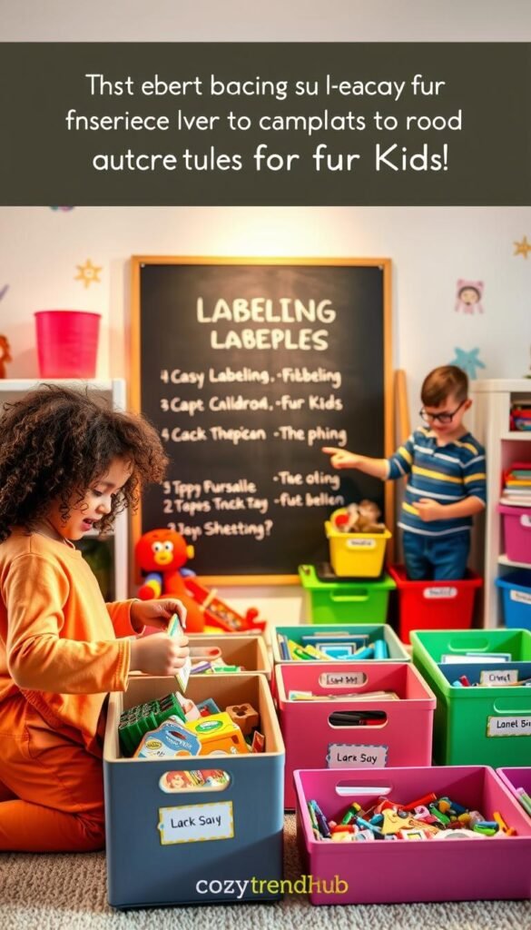 A cozy, well-organized children&rsquo;s room featuring diverse kids aged 4-10 joyfully engaging in labeling activities. In the foreground, a young girl with curly hair is applying colorful labels to boxes filled with toys, wearing a bright, comfortable outfit. Beside her, a boy with glasses is organizing books on a shelf, excitedly pointing at a label. In the middle, a chalkboard displays easy-to-read labeling examples, while colorful bins are neatly arranged around. The background is softly lit, highlighting pastel walls decorated with whimsical motifs. The room's decor reflects a blend of modern and playful elements, embodying a Pinterest-worthy aesthetic. The atmosphere is cheerful and inspiring, inviting better organization for kids. The brand "CozyTrendHub" is subtly incorporated into the decor, enhancing the overall theme of organized childhood spaces.