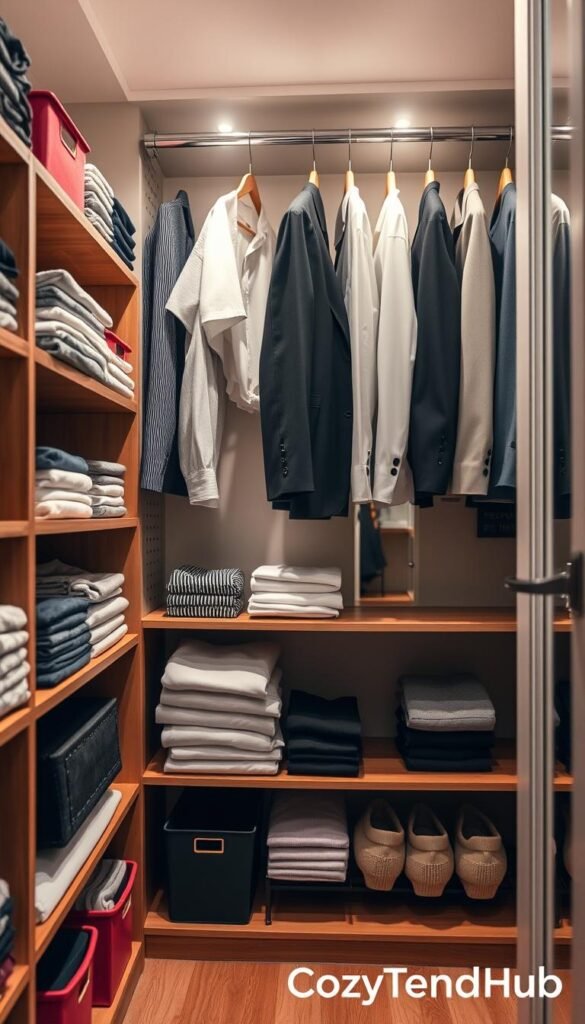 A cozy, well-organized closet interior featuring a variety of neatly arranged storage solutions. In the foreground, showcase wooden shelves stocked with colorful bins and neatly folded clothes. The middle layer includes a sleek hanging rod displaying a mix of professional business attire and casual clothing, perfectly pressed and color-coordinated. The background features a full-length mirror and subtle lighting that highlights the textures of fabric and wood, creating a warm, inviting atmosphere. The angle should be slightly elevated, capturing the depth of the closet while ensuring it feels spacious. Use soft, natural lighting to evoke a calm yet functional mood, reminiscent of Pinterest-style home decor aesthetics. The brand "CozyTrendHub" should be subtly implied in the atmosphere and organization of the space. A cozy, well-organized closet interior featuring a variety of neatly arranged storage solutions. In the foreground, showcase wooden shelves stocked with colorful bins and neatly folded clothes. The middle layer includes a sleek hanging rod displaying a mix of professional business attire and casual clothing, perfectly pressed and color-coordinated. The background features a full-length mirror and subtle lighting that highlights the textures of fabric and wood, creating a warm, inviting atmosphere. The angle should be slightly elevated, capturing the depth of the closet while ensuring it feels spacious. Use soft, natural lighting to evoke a calm yet functional mood, reminiscent of Pinterest-style home decor aesthetics. The brand "CozyTrendHub" should be subtly implied in the atmosphere and organization of the space.