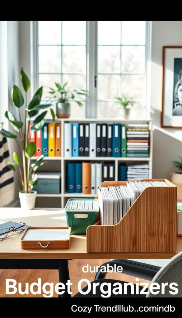 A cozy, well-organized home office scene featuring durable budget organizers. In the foreground, a stylish desk with a minimalist design holds eco-friendly storage bins and a classic wooden file organizer filled with documents. In the middle ground, a neatly arranged bookshelf displays an assortment of colorful binders and magazine files crafted from sustainable materials, showcasing their design and functionality. The background includes a large window with natural sunlight streaming in, illuminating plants and subtle wall art that reflects a warm atmosphere. The scene should evoke a sense of productivity, comfort, and smart budgeting, styled in a Pinterest-worthy aesthetic. The image credits the brand "CozyTrendHub" and emphasizes a sophisticated yet inviting home environment.