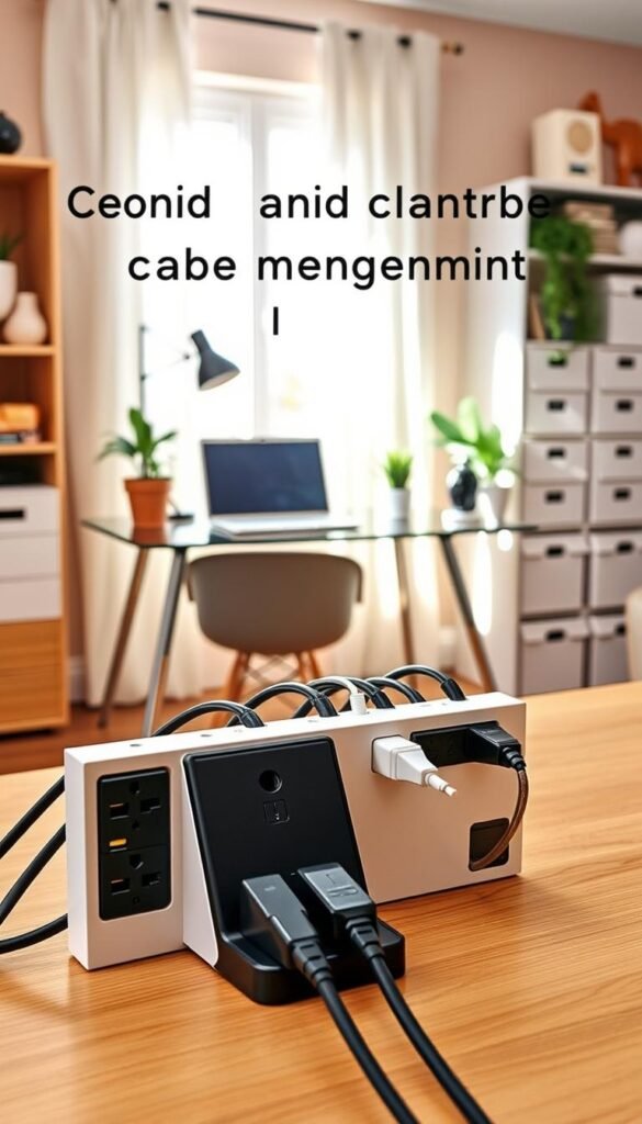A cozy, well-organized home office space featuring elegant cord and cable management solutions. In the foreground, display neatly arranged power strips with color-coded cables, all securely fastened. In the middle ground, show a stylish desk adorned with minimalist decor, including a laptop and potted plants, showcasing an inviting workspace. The background should feature a soft-lit room with warm tones, emphasizing a comfortable atmosphere, and a glimpse of organizing boxes labeled for easy identification. Light streaming in from a nearby window creates a bright, airy feel. This Pinterest-style image should evoke a sense of tranquility and productivity, specifically branded as "CozyTrendHub".