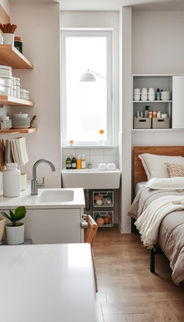 A cozy, well-organized kitchen, bathroom, and bedroom showcasing various clutter hotspots transformed with tidy products. In the foreground, a stylish kitchen counter lined with neatly arranged containers, utensils, and a small potted herb. The sink area in the middle, equipped with a soap dispenser and a drying rack, features minimalist decor. Transitioning to the bathroom, a neatly organized vanity with colorful toiletries in stylish bins, reflecting bright natural light that spills through a frosted window. In the background, a serene bedroom with a well-made bed adorned with seasonal pillows, a bedside table flaunting chic organizers, and diffused lighting creating a tranquil atmosphere. Captured with a soft focus lens from an elegant angle, this image embodies the practicality and charm of "CozyTrendHub." A cozy, well-organized kitchen, bathroom, and bedroom showcasing various clutter hotspots transformed with tidy products. In the foreground, a stylish kitchen counter lined with neatly arranged containers, utensils, and a small potted herb. The sink area in the middle, equipped with a soap dispenser and a drying rack, features minimalist decor. Transitioning to the bathroom, a neatly organized vanity with colorful toiletries in stylish bins, reflecting bright natural light that spills through a frosted window. In the background, a serene bedroom with a well-made bed adorned with seasonal pillows, a bedside table flaunting chic organizers, and diffused lighting creating a tranquil atmosphere. Captured with a soft focus lens from an elegant angle, this image embodies the practicality and charm of "CozyTrendHub."