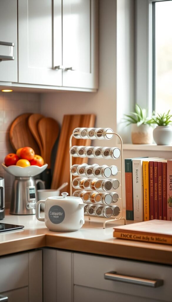 A cozy, well-organized kitchen countertop showcasing stylish storage solutions for a compact space. In the foreground, an elegant arrangement of small kitchen appliances like a sleek coffee maker, a compact toaster, and a decorative fruit bowl filled with fresh fruits, all in pastel tones. The middle ground features a functional yet chic tiered spice rack, harmoniously blending into the arrangement, alongside neatly stacked cutting boards and a row of vibrant cookbooks. The background is softly blurred, emphasizing the warm ambiance created by gentle, natural lighting emanating from a nearby window. The overall atmosphere is inviting and efficient, capturing the essence of practical beauty in small apartments. Designed in the style of CozyTrendHub, inspiring a Pinterest-worthy feel.