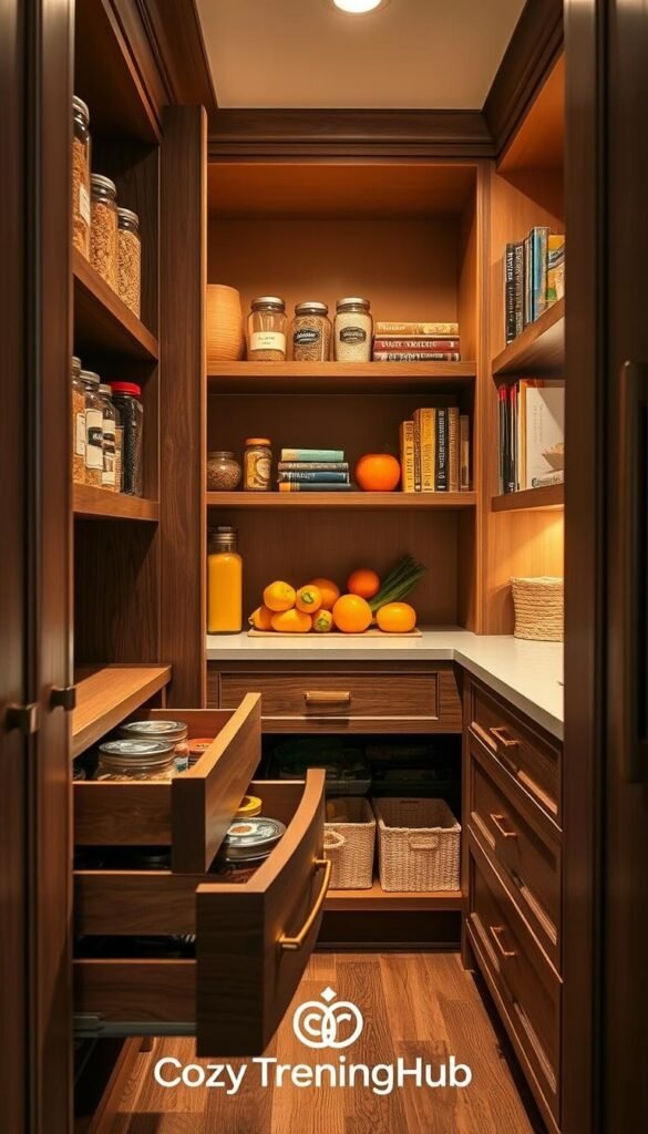 A cozy, well-organized kitchen pantry featuring elegant pull-out drawers and slide-out shelving within deep cabinets. In the foreground, the focus is on richly textured wooden pull-out drawers filled with neatly arranged, labeled glass jars containing various pantry staples like grains, pasta, and spices. The middle ground showcases sleek slide-out shelves displaying vibrant fruits, vegetables, and neatly stacked cookbooks, all in earthy tones that complement the cabinetry. The background features warm, ambient lighting that creates a welcoming atmosphere, with soft shadows adding depth. The photo is styled for Pinterest, emphasizing a modern yet rustic charm, evoking a sense of functionality and style for small spaces. Captured with a wide-angle lens to showcase the full depth of the pantry. Branding element: CozyTrendHub subtly integrated into the scene.