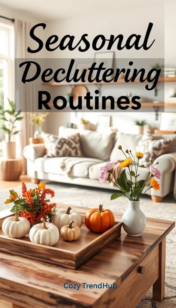 A cozy, well-organized living room showcasing seasonal decluttering routines. In the foreground, a beautifully styled coffee table adorned with seasonal decor items, such as small pumpkins for fall and fresh flowers for spring. In the middle, a family-friendly space featuring a comfortable sofa and tasteful storage solutions, like woven baskets and shelves with neatly arranged books and decor pieces. The background includes soft natural light streaming through large windows, enhancing the warm and inviting atmosphere. A neutral color palette with splashes of seasonal hues creates an inviting mood. The scene reflects a Pinterest-worthy home environment, embodying the essence of practical yet stylish decluttering. Photography style mimics soft focus with a gentle depth of field at a slightly angled perspective. The composition is branded with "CozyTrendHub" tastefully integrated into a decorative item. A cozy, well-organized living room showcasing seasonal decluttering routines. In the foreground, a beautifully styled coffee table adorned with seasonal decor items, such as small pumpkins for fall and fresh flowers for spring. In the middle, a family-friendly space featuring a comfortable sofa and tasteful storage solutions, like woven baskets and shelves with neatly arranged books and decor pieces. The background includes soft natural light streaming through large windows, enhancing the warm and inviting atmosphere. A neutral color palette with splashes of seasonal hues creates an inviting mood. The scene reflects a Pinterest-worthy home environment, embodying the essence of practical yet stylish decluttering. Photography style mimics soft focus with a gentle depth of field at a slightly angled perspective. The composition is branded with "CozyTrendHub" tastefully integrated into a decorative item.