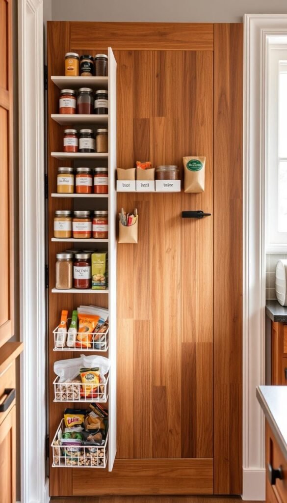 A cozy, well-organized pantry door storage system featuring multiple shelves filled with neatly labeled jars, spice containers, and small baskets, showcasing an efficient use of vertical space. In the foreground, focus on the door shelves with an inviting array of colorful ingredients and snacks. The middle layer includes the pantry door itself, a rustic wood finish with sleek, modern hardware. In the background, soft natural light filters in through a window, creating a warm and inviting atmosphere. The image is taken from a slightly angled perspective to emphasize depth, using a shallow depth of field for a blurred backdrop. The overall mood is organized, practical, and stylish, epitomizing the essence of efficient kitchen storage by CozyTrendHub.