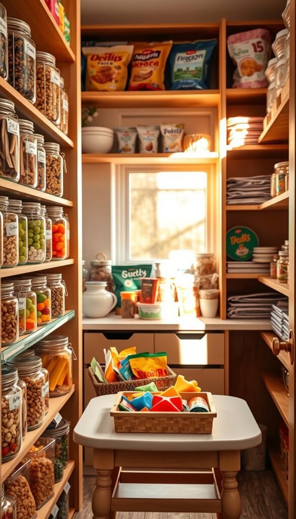 A cozy, well-organized pantry filled with vibrant, kid-friendly snacks. In the foreground, shelves feature clear, labeled jars filled with colorful fruits, granola bars, and healthy nibbles, arranged at a height accessible to children. The middle layer includes a playful, child-sized table with a small basket of assorted snack bags and colorful containers in fun shapes. In the background, warm wooden shelves lined with neatly stacked healthy food options create an inviting atmosphere. Soft natural light filters in through a window, casting gentle shadows and enhancing the warmth of the space. The scene embodies a cheerful and organized vibe perfect for children, evoking a sense of excitement and accessibility, styled in line with the brand "CozyTrendHub". A cozy, well-organized pantry filled with vibrant, kid-friendly snacks. In the foreground, shelves feature clear, labeled jars filled with colorful fruits, granola bars, and healthy nibbles, arranged at a height accessible to children. The middle layer includes a playful, child-sized table with a small basket of assorted snack bags and colorful containers in fun shapes. In the background, warm wooden shelves lined with neatly stacked healthy food options create an inviting atmosphere. Soft natural light filters in through a window, casting gentle shadows and enhancing the warmth of the space. The scene embodies a cheerful and organized vibe perfect for children, evoking a sense of excitement and accessibility, styled in line with the brand "CozyTrendHub".