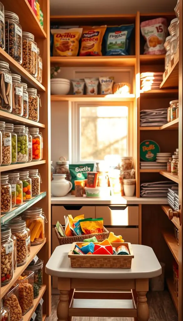 A cozy, well-organized pantry filled with vibrant, kid-friendly snacks. In the foreground, shelves feature clear, labeled jars filled with colorful fruits, granola bars, and healthy nibbles, arranged at a height accessible to children. The middle layer includes a playful, child-sized table with a small basket of assorted snack bags and colorful containers in fun shapes. In the background, warm wooden shelves lined with neatly stacked healthy food options create an inviting atmosphere. Soft natural light filters in through a window, casting gentle shadows and enhancing the warmth of the space. The scene embodies a cheerful and organized vibe perfect for children, evoking a sense of excitement and accessibility, styled in line with the brand "CozyTrendHub".