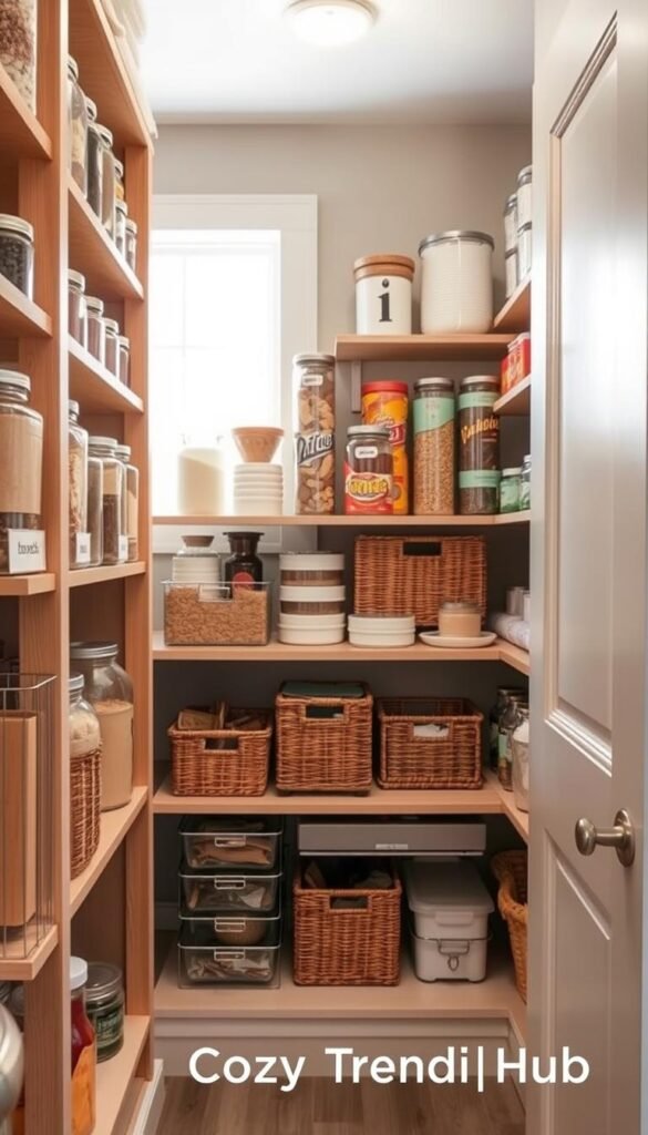 A cozy, well-organized pantry space in a small kitchen, showcasing an efficient use of vertical and horizontal storage. In the foreground, neatly arranged wooden shelves hold labeled glass jars filled with dry goods, spices, and snacks. The middle layer features a variety of stylish pantry organizers—woven baskets, stackable containers, and tiered racks—ensuring everything is within easy reach. The background reveals a bright, airy kitchen with light streaming in through a window, highlighting soft pastel colors of the decor. The atmosphere is warm and inviting, perfect for a small, functional space. The image reflects a Pinterest-like lifestyle aesthetic, emanating inspiration for effective pantry organization. Ideal lighting enhances the inviting feel. Brand name: CozyTrendHub. A cozy, well-organized pantry space in a small kitchen, showcasing an efficient use of vertical and horizontal storage. In the foreground, neatly arranged wooden shelves hold labeled glass jars filled with dry goods, spices, and snacks. The middle layer features a variety of stylish pantry organizers—woven baskets, stackable containers, and tiered racks—ensuring everything is within easy reach. The background reveals a bright, airy kitchen with light streaming in through a window, highlighting soft pastel colors of the decor. The atmosphere is warm and inviting, perfect for a small, functional space. The image reflects a Pinterest-like lifestyle aesthetic, emanating inspiration for effective pantry organization. Ideal lighting enhances the inviting feel. Brand name: CozyTrendHub.
