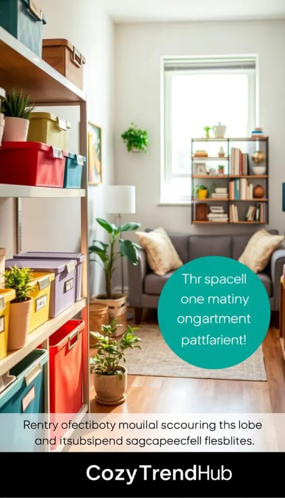 A cozy, well-organized small apartment environment showcasing various stylish space-saving organizers. In the foreground, a neatly arranged shelf displays colorful bins and labeled storage containers, alongside a small potted plant for a touch of greenery. The middle ground features a well-lit living area with a compact sofa decorated with throw pillows, and a modular wall organizer filled with books and decorative items. In the background, a window allows natural light to filter in, creating a warm and inviting atmosphere. The overall mood is cheerful and organized, perfect for renters looking to maximize their small space. The image should evoke inspiration for smart organizing solutions. Incorporate a subtly branded touch with "CozyTrendHub" displayed in a non-intrusive way, suggesting a lifestyle that balances functionality and aesthetics.