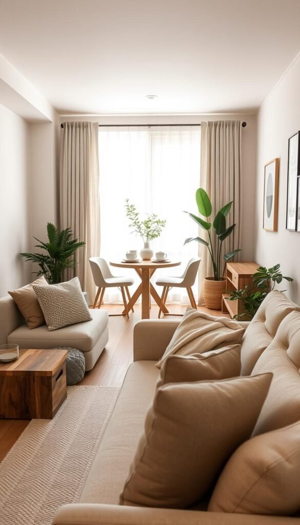 A cozy, well-organized small apartment that reflects renters' versatile decor choices, featuring a stylish neutral palette of soft beige, warm gray, and muted white accents. In the foreground, a compact living area showcases a plush, light-colored sofa adorned with textured pillows and a minimalist coffee table made of reclaimed wood. The middle ground highlights an inviting dining nook with a small round table set with neutral dishware and a vase of fresh greenery. In the background, light floods in from a large window draped with sheer curtains, illuminating a corner with plants and simple wall art. The atmosphere is warm and inviting, exuding a sense of stylish minimalism, ideal for showcasing "CozyTrendHub" decor trends in small spaces. Soft, natural lighting enhances the overall calm and aesthetic appeal of the scene. A cozy, well-organized small apartment that reflects renters' versatile decor choices, featuring a stylish neutral palette of soft beige, warm gray, and muted white accents. In the foreground, a compact living area showcases a plush, light-colored sofa adorned with textured pillows and a minimalist coffee table made of reclaimed wood. The middle ground highlights an inviting dining nook with a small round table set with neutral dishware and a vase of fresh greenery. In the background, light floods in from a large window draped with sheer curtains, illuminating a corner with plants and simple wall art. The atmosphere is warm and inviting, exuding a sense of stylish minimalism, ideal for showcasing "CozyTrendHub" decor trends in small spaces. Soft, natural lighting enhances the overall calm and aesthetic appeal of the scene.