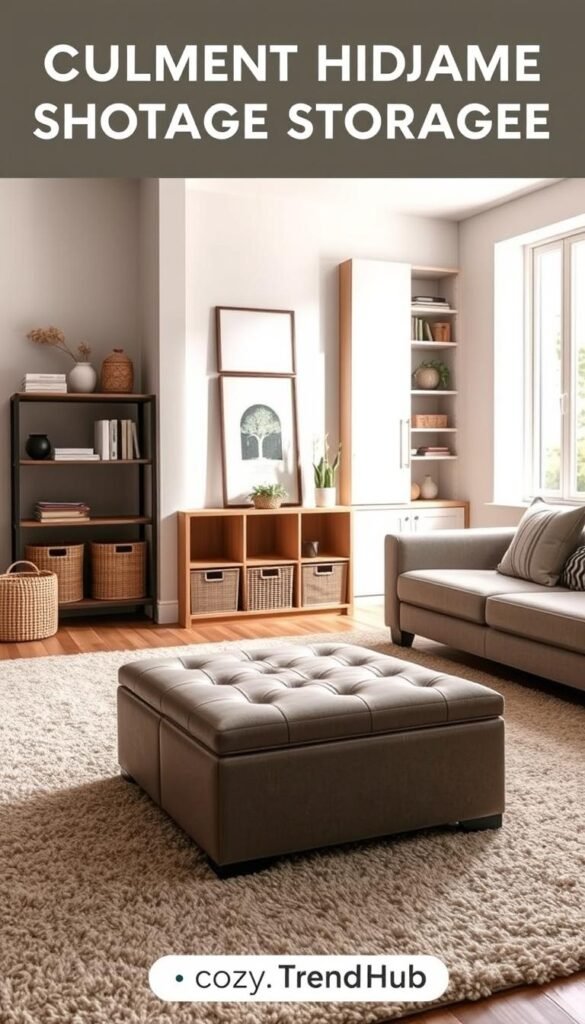 A cozy, well-organized small living room featuring clever hidden storage solutions. In the foreground, a stylish ottoman with hidden compartments is placed near a plush area rug. The middle ground showcases a modern shelving unit with decorative bins and books, seamlessly blending aesthetics and functionality. The background reveals a minimalist wall-mounted cabinet that opens to reveal neatly arranged storage, maintaining a clean, uncluttered look. Soft, natural light streams through a large window, creating a warm atmosphere. Use a wide-angle lens to capture the space, emphasizing its inviting and tidy ambiance, perfect for small living areas. This Pinterest-style image is branded with "CozyTrendHub" to reflect current home decor trends. A cozy, well-organized small living room featuring clever hidden storage solutions. In the foreground, a stylish ottoman with hidden compartments is placed near a plush area rug. The middle ground showcases a modern shelving unit with decorative bins and books, seamlessly blending aesthetics and functionality. The background reveals a minimalist wall-mounted cabinet that opens to reveal neatly arranged storage, maintaining a clean, uncluttered look. Soft, natural light streams through a large window, creating a warm atmosphere. Use a wide-angle lens to capture the space, emphasizing its inviting and tidy ambiance, perfect for small living areas. This Pinterest-style image is branded with "CozyTrendHub" to reflect current home decor trends.