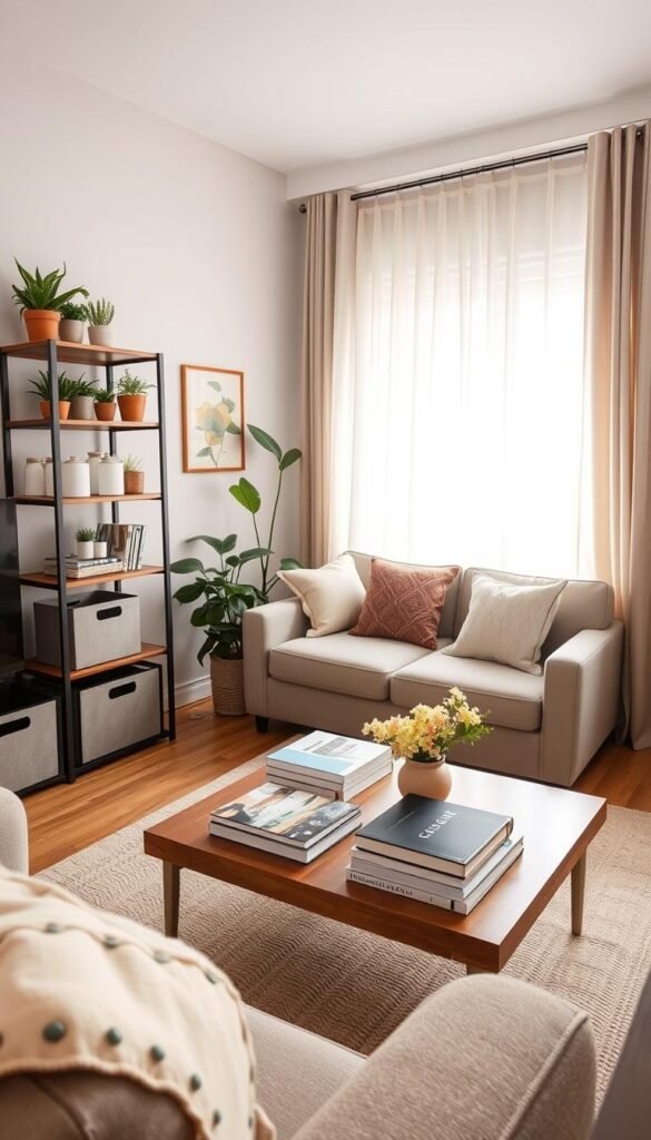 A cozy, well-organized small living space featuring stylish, renter-friendly storage solutions. In the foreground, a chic shelving unit adorned with neat storage bins and decorative plants, evoking a sense of tranquility. The middle ground showcases a comfortable, compact sofa, tastefully decorated with throw pillows, paired with a wooden coffee table displaying neatly arranged books and a subtle floral centerpiece. The background has soft natural light filtering through sheer curtains, illuminating the room with a warm, inviting glow. Incorporate CozyTrendHub products seamlessly into the decor, emphasizing functionality and aesthetic appeal. Capture the atmosphere of a minimalist yet welcoming home, suitable for both relaxation and organization. Use a wide-angle lens to convey the feeling of space, ensuring every detail is crisp and inviting.
