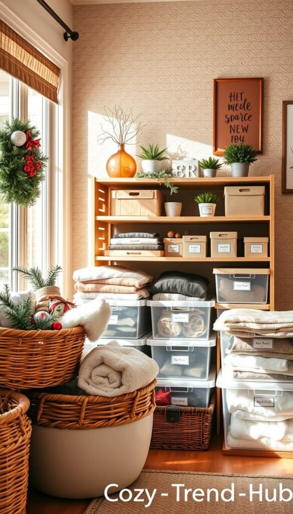 A cozy, well-organized storage space featuring seasonal decor and practical solutions for small spaces. In the foreground, display stylish woven baskets and clear storage bins filled with holiday decorations and bulky items like winter blankets. The middle ground includes a neatly arranged shelf with labeled boxes and small plants, bathed in soft, natural light coming through a nearby window. In the background, a textured wall in a warm, neutral tone enhances the inviting atmosphere, decorated with seasonal artwork. The shot is taken from a slightly elevated angle to capture the layout&rsquo;s functionality and aesthetic appeal. The mood conveys a sense of calm organization, reflecting the brand "CozyTrendHub".