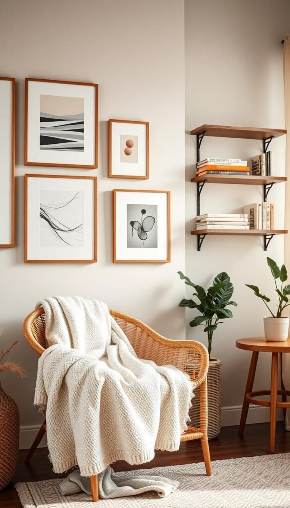 A cozy, well-styled wall featuring a blend of modern and vintage decor elements, including neutral-tone wall art and framed photos with minimalistic frames arranged asymmetrically. In the foreground, a soft, textured throw blanket drapes over a stylish wicker chair, complemented by a small potted plant on a wooden side table. The middle ground showcases a soft, calming color palette with wall-mounted shelves displaying curated books and decorative items, enhancing the sense of visual clarity. The background is softly lit by natural light pouring in through a window, creating a warm, inviting atmosphere. Capture this scene with a shallow depth of field to emphasize the decor, evoking a chic, minimalist vibe perfect for a cozy home setting. Ideal for a Pinterest-style lifestyle photo that reflects the ethos of CozyTrendHub.