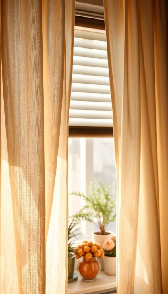 A cozy window scene featuring layered curtains over stylish blinds, creating an inviting atmosphere. In the foreground, soft, pastel-colored curtains cascade gracefully, their fabric textured with subtle patterns, while elegant, modern blinds peep out from behind. The middle ground captures delicate sunlight filtering through the window, casting gentle shadows that enhance the warmth of the space. In the background, potted plants and seasonal decor items softly blur, adding depth and a natural touch. The mood is tranquil and homely, ideal for a peaceful retreat. The lighting is soft and warm, reminiscent of a late afternoon glow. This image showcases the perfect window texture for a cozy decor piece, embodying the essence of "CozyTrendHub." A cozy window scene featuring layered curtains over stylish blinds, creating an inviting atmosphere. In the foreground, soft, pastel-colored curtains cascade gracefully, their fabric textured with subtle patterns, while elegant, modern blinds peep out from behind. The middle ground captures delicate sunlight filtering through the window, casting gentle shadows that enhance the warmth of the space. In the background, potted plants and seasonal decor items softly blur, adding depth and a natural touch. The mood is tranquil and homely, ideal for a peaceful retreat. The lighting is soft and warm, reminiscent of a late afternoon glow. This image showcases the perfect window texture for a cozy decor piece, embodying the essence of "CozyTrendHub."
