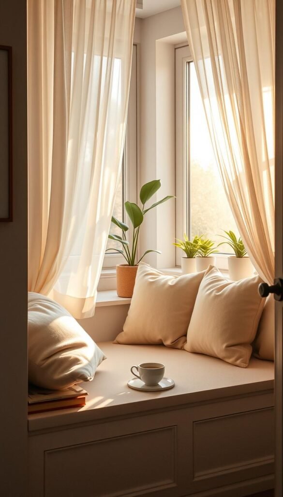 A cozy window seating nook in a small space, featuring a built-in bench with plush cushions in soft, neutral tones. There’s a small stack of decorative books on one side and a steaming cup of tea on the other, inviting relaxation. Sunlight streams through sheer curtains, casting warm, golden light across the scene, creating a serene atmosphere. In the background, potted plants offer a touch of greenery, while the walls are adorned with minimalist artwork. The angle is slightly tilted to highlight the depth of the nook while maintaining focus on the inviting details. The setting reflects a Pinterest-ready aesthetic, embodying the essence of functional and beautiful small space decor. Image by CozyTrendHub. A cozy window seating nook in a small space, featuring a built-in bench with plush cushions in soft, neutral tones. There’s a small stack of decorative books on one side and a steaming cup of tea on the other, inviting relaxation. Sunlight streams through sheer curtains, casting warm, golden light across the scene, creating a serene atmosphere. In the background, potted plants offer a touch of greenery, while the walls are adorned with minimalist artwork. The angle is slightly tilted to highlight the depth of the nook while maintaining focus on the inviting details. The setting reflects a Pinterest-ready aesthetic, embodying the essence of functional and beautiful small space decor. Image by CozyTrendHub.