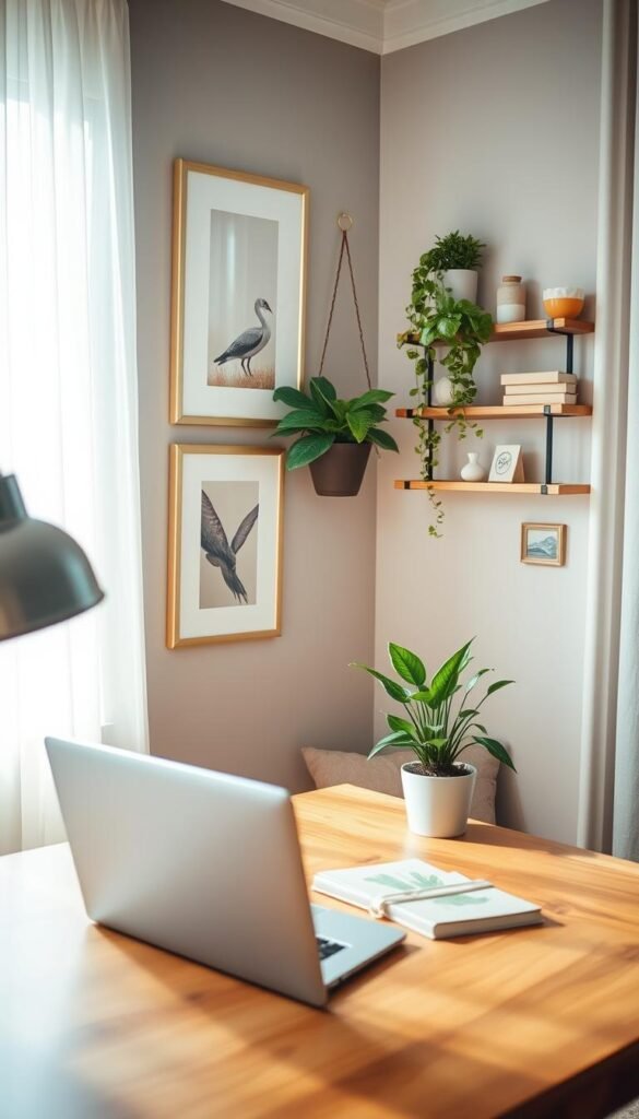 A cozy work-from-home corner featuring a stylish wall adorned with renter-friendly decor. In the foreground, a tasteful wooden desk with a modern laptop, neatly arranged notebooks, and a vibrant potted plant. The middle layer showcases an elegantly designed wall displaying framed art prints in calming colors, a hanging wall planter with lush greenery, and minimalist wall shelves holding decorative items. The background includes a softly lit window with sheer curtains, allowing natural light to fill the space. Use a warm color palette to evoke a serene atmosphere. Capture the image with a slightly angled lens for depth, simulating a Pinterest-style lifestyle photo. Ensure the decor reflects the essence of "CozyTrendHub" while maintaining a professional and inviting vibe. A cozy work-from-home corner featuring a stylish wall adorned with renter-friendly decor. In the foreground, a tasteful wooden desk with a modern laptop, neatly arranged notebooks, and a vibrant potted plant. The middle layer showcases an elegantly designed wall displaying framed art prints in calming colors, a hanging wall planter with lush greenery, and minimalist wall shelves holding decorative items. The background includes a softly lit window with sheer curtains, allowing natural light to fill the space. Use a warm color palette to evoke a serene atmosphere. Capture the image with a slightly angled lens for depth, simulating a Pinterest-style lifestyle photo. Ensure the decor reflects the essence of "CozyTrendHub" while maintaining a professional and inviting vibe.