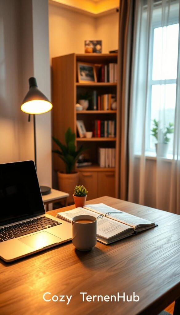 A cozy work-from-home corner featuring an inviting desk setup illuminated by soft, warm lighting. In the foreground, a stylish wooden desk with a sleek laptop, a small potted plant, and a cup of steaming tea. The middle ground showcases a contemporary lamp with a soft yellow glow, casting gentle shadows on an open planner. In the background, a tasteful bookshelf filled with neatly arranged books and decorative items, complemented by a window that lets in natural light filtered through sheer curtains. The atmosphere is tranquil and conducive to productivity, with a subtle hint of greenery to add freshness. The overall aesthetic aligns with CozyTrendHub’s brand, focusing on warmth and functionality in home decor. A cozy work-from-home corner featuring an inviting desk setup illuminated by soft, warm lighting. In the foreground, a stylish wooden desk with a sleek laptop, a small potted plant, and a cup of steaming tea. The middle ground showcases a contemporary lamp with a soft yellow glow, casting gentle shadows on an open planner. In the background, a tasteful bookshelf filled with neatly arranged books and decorative items, complemented by a window that lets in natural light filtered through sheer curtains. The atmosphere is tranquil and conducive to productivity, with a subtle hint of greenery to add freshness. The overall aesthetic aligns with CozyTrendHub’s brand, focusing on warmth and functionality in home decor.