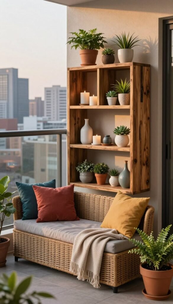 A creatively arranged small-space storage solution that blends seamlessly into an outdoor balcony setting. The foreground features stylish wicker storage benches adorned with colorful cushions, nestled alongside vibrant potted plants and cozy throw blankets. In the middle, a sleek, modern shelving unit made of reclaimed wood showcases decorative items such as candles, small succulents, and artistic vases, all artfully arranged to enhance the decor. The background reveals a city skyline bathed in soft, warm evening light, suggesting a relaxing atmosphere. The scene should evoke a sense of tranquility and charm, perfect for apartment living. Capture this in a Pinterest-inspired lifestyle photo with natural lighting, shot at a slight angle that emphasizes depth and warmth. This image embodies the essence of smart, aesthetic storage solutions by CozyTrendHub.