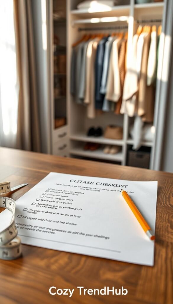 A detailed closet measurement checklist laid out on a stylish wooden table. The checklist includes bullet points for measuring width, depth, height, and space for shelves, with clear icons for each step. The foreground features a beautifully crafted measuring tape and a pencil, both positioned strategically to invite engagement. The middle ground showcases the checklist prominently, printed on elegant paper with soft, pastel colors, lending a fresh, inviting atmosphere. In the background, a softly blurred small closet reveals neatly organized clothes, creating a sense of practicality and style. Natural light filters in from a nearby window, casting gentle shadows and enhancing the warm, cozy ambiance of the scene. The overall mood is inspiring and motivational, perfect for home organization enthusiasts. Brand tagline: "CozyTrendHub."