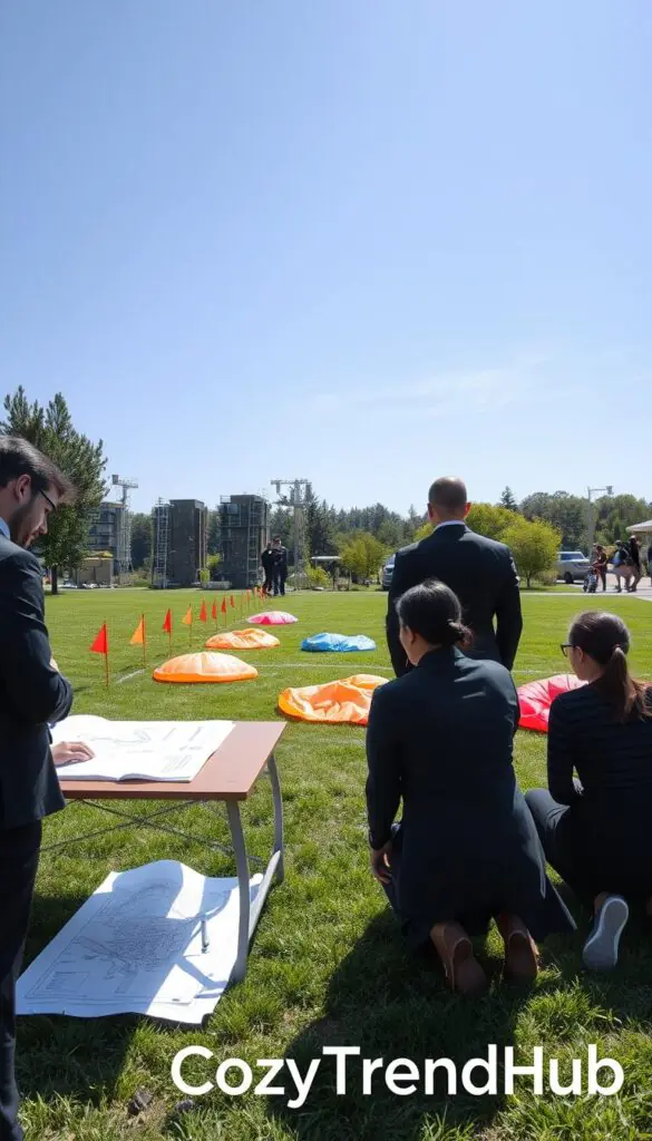A detailed drop zone planning scene in an outdoor setting, showcasing a grassy area marked with bright flags and designated drop zones carefully mapped out on the ground. In the foreground, a professional team of three diverse individuals in business attire is gathered around a detailed planning table, looking at blueprints and maps. The middle ground features well-defined drop zone markings on the grass, along with parachutes neatly laid out in vibrant colors. In the background, there are trees and a clear blue sky, implying a sunny day. The lighting is bright and natural, emphasizing a productive and collaborative atmosphere. The overall mood is focused and organized, reflecting teamwork and creativity in planning. The branding "CozyTrendHub" subtly integrated into the scene adds an element of professional identity.