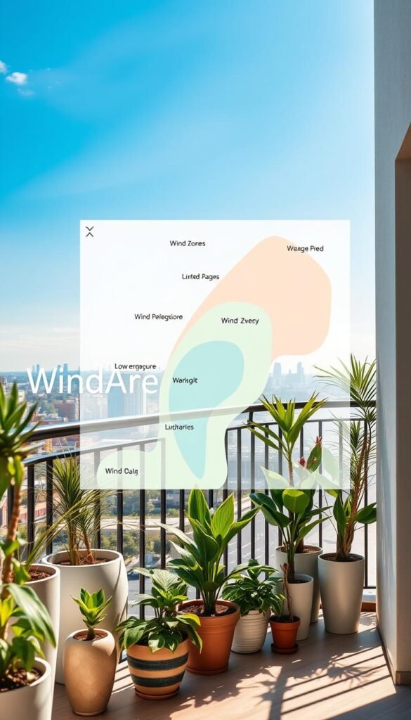 A detailed wind area map showcasing varying wind pressures across a stylish balcony setting. In the foreground, a beautifully designed balcony filled with moderate-sized potted plants, elegant decor, and a sturdy railing adorned with wind-resistant features. The middle layer features the wind area map itself, with clear demarcations of wind zones illustrated in soft pastel colors, emphasizing areas of high and low exposure. The background includes a serene urban skyline under a bright blue sky, suggesting a breezy day. Natural sunlight casts soft shadows, enhancing the map's readability. The overall mood is inviting and practical, resonating with the theme of outdoor decor. This image is aligned with the brand style of CozyTrendHub, exhibiting a perfect blend of visual appeal and functional design.