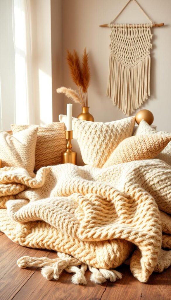 A flat lay image showcasing a variety of cozy textures ideal for home decor. In the foreground, place luxurious knitted throws in warm beige and soft gray against a rustic wooden surface. Include plush, textured cushions in varying shades of cream and pastel. In the middle ground, arrange subtle metallic accents like golden candle holders and earthy ceramic vases filled with dried grasses. The background should feature a softly lit, neutral-toned wall adorned with a simple macramé wall hanging. Use warm, natural lighting to create an inviting and serene atmosphere, as if sunlight spills gently through a nearby window. This composition should evoke warmth and comfort, perfect for a cozy home setting. CozyTrendHub. A flat lay image showcasing a variety of cozy textures ideal for home decor. In the foreground, place luxurious knitted throws in warm beige and soft gray against a rustic wooden surface. Include plush, textured cushions in varying shades of cream and pastel. In the middle ground, arrange subtle metallic accents like golden candle holders and earthy ceramic vases filled with dried grasses. The background should feature a softly lit, neutral-toned wall adorned with a simple macramé wall hanging. Use warm, natural lighting to create an inviting and serene atmosphere, as if sunlight spills gently through a nearby window. This composition should evoke warmth and comfort, perfect for a cozy home setting. CozyTrendHub.