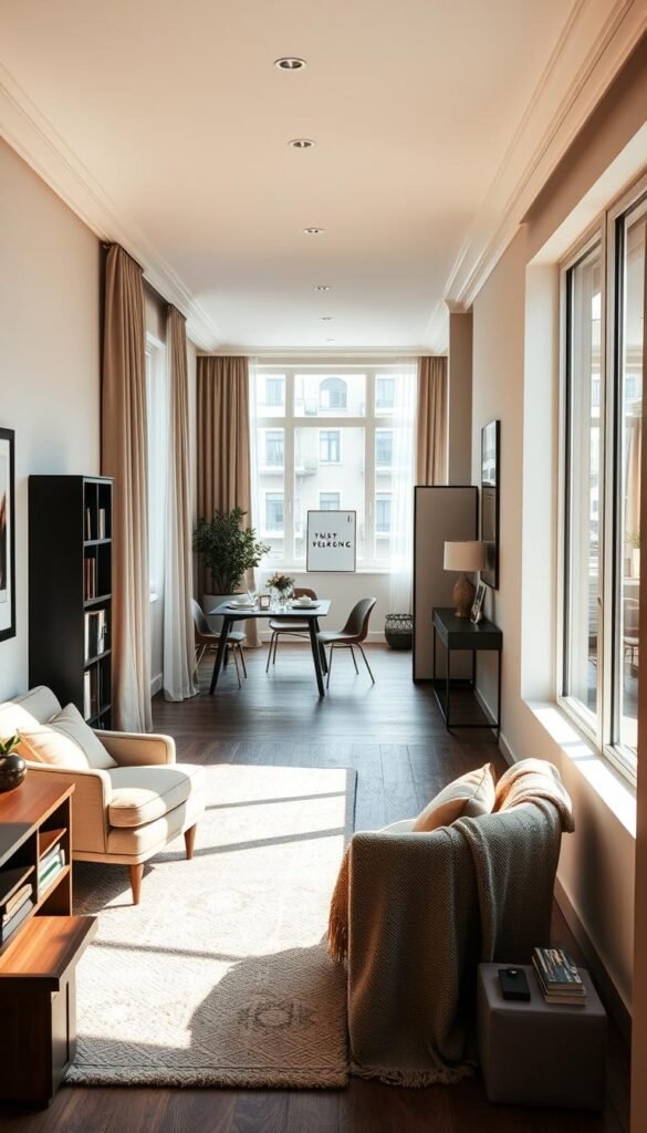 A long, narrow room beautifully styled to illustrate the concept of "zones" in home decor. In the foreground, a cozy reading nook with a plush armchair, a small bookshelf, and a soft throw, creating a warm, inviting atmosphere. The middle section features a dining area with a modern table set for two, accentuated by simple centerpieces and stylish chairs, reflecting a contemporary design. In the background, a minimalist workspace with a sleek desk and motivational decor, subtly separated by a stylish room divider. Soft, natural light streams through large windows, casting gentle shadows and highlighting the rich textures of the furnishings. The overall mood is calm and inviting, perfect for illustrating how to visually break up a long room without walls. This image embodies the aesthetic of CozyTrendHub, showcasing elegant home decor ideas. A long, narrow room beautifully styled to illustrate the concept of "zones" in home decor. In the foreground, a cozy reading nook with a plush armchair, a small bookshelf, and a soft throw, creating a warm, inviting atmosphere. The middle section features a dining area with a modern table set for two, accentuated by simple centerpieces and stylish chairs, reflecting a contemporary design. In the background, a minimalist workspace with a sleek desk and motivational decor, subtly separated by a stylish room divider. Soft, natural light streams through large windows, casting gentle shadows and highlighting the rich textures of the furnishings. The overall mood is calm and inviting, perfect for illustrating how to visually break up a long room without walls. This image embodies the aesthetic of CozyTrendHub, showcasing elegant home decor ideas.
