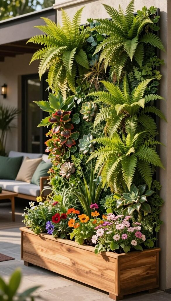A lush vertical garden wall, filled with vibrant green plants such as ferns, succulents, and flowering vines, creating a serene outdoor setting. In the foreground, a stylish wooden planter box filled with colorful seasonal flowers adds a pop of color. The middle features the vertical garden, artfully arranged, showcasing varying shades of green and textures, bathed in warm, natural sunlight. Soft shadows hint at a gentle afternoon breeze. In the background, a charming patio with cozy seating, adorned with tasteful outdoor cushions in muted tones. The scene conveys a tranquil, inviting atmosphere, perfect for relaxation. The overall look is reminiscent of a Pinterest-style lifestyle photo, ideal for CozyTrendHub, capturing the essence of maximizing greenery in small spaces without sacrificing floor space.