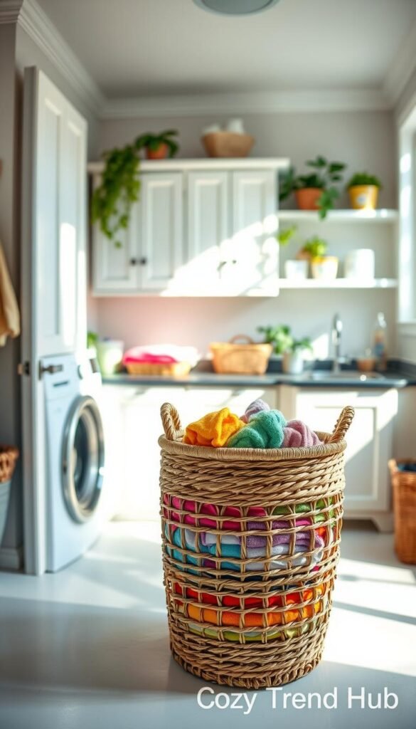 A meticulously organized laundry room featuring a stylish, woven laundry basket filled with colorful, neatly sorted clothes in vibrant hues. In the foreground, the basket is placed on a white, minimalist surface with a soft, inviting texture. The middle ground showcases a clean and bright laundry room with vintage-style cabinetry in soft pastel colors, enhancing the cozy atmosphere. Natural light streams in through a window, casting gentle shadows and illumination. The background hints at decorative elements like houseplants and neatly labeled containers for laundry supplies. This picturesque scene encapsulates a fresh, organized vibe, ideal for home decor enthusiasts. Captured in a warm, inviting style, reminiscent of Pinterest aesthetics. CozyTrendHub branding subtly implied. A meticulously organized laundry room featuring a stylish, woven laundry basket filled with colorful, neatly sorted clothes in vibrant hues. In the foreground, the basket is placed on a white, minimalist surface with a soft, inviting texture. The middle ground showcases a clean and bright laundry room with vintage-style cabinetry in soft pastel colors, enhancing the cozy atmosphere. Natural light streams in through a window, casting gentle shadows and illumination. The background hints at decorative elements like houseplants and neatly labeled containers for laundry supplies. This picturesque scene encapsulates a fresh, organized vibe, ideal for home decor enthusiasts. Captured in a warm, inviting style, reminiscent of Pinterest aesthetics. CozyTrendHub branding subtly implied.