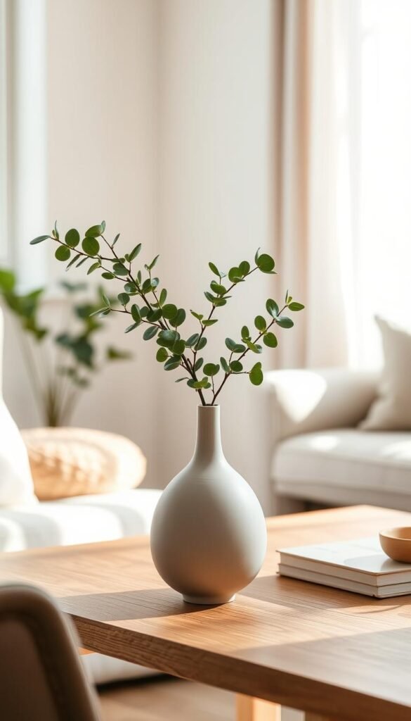A minimalist ceramic vase in a soft matte finish, elegantly shaped with a slender neck and a wide base, sits on a simple wooden table. The vase is filled with lush green eucalyptus stems, their delicate leaves creating a fresh and lively contrast against the soft, neutral tones of the vase. Sunlight filters through a nearby window, casting gentle shadows and highlighting the texture of the wood and the delicate curves of the vase. In the background, faint hints of a light, airy living room can be seen, featuring muted colors and minimal decor. The overall atmosphere exudes tranquility and simplicity, embodying modern aesthetic sensibilities for a refreshed home. Ideal for contextualizing the theme &ldquo;Greenery and &lsquo;life&rsquo; without making the room feel busy&rdquo;. CozyTrendHub.
