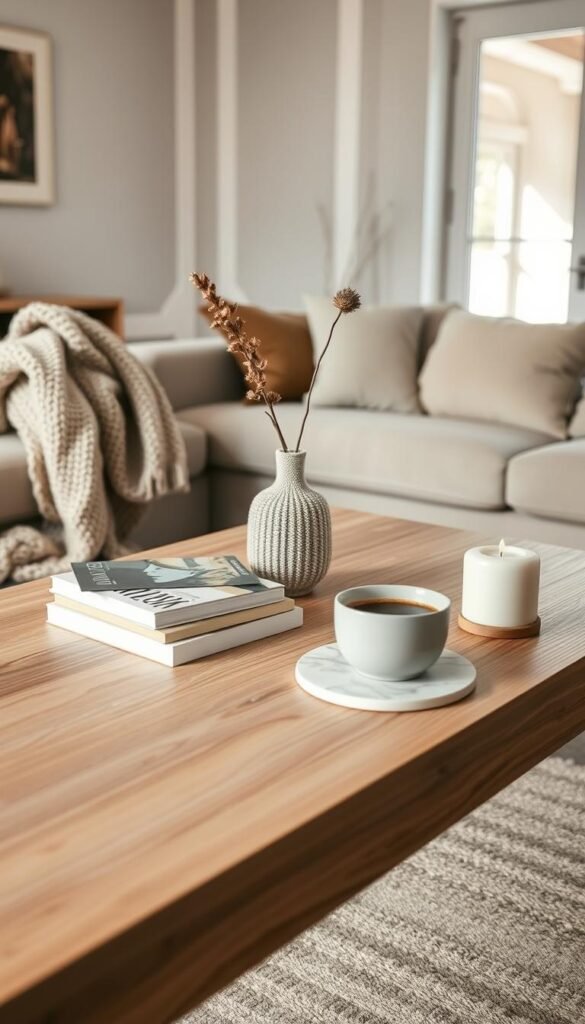 A minimalist coffee table styled intentionally with a serene and calm aesthetic, featuring a sleek, light oak table with clean lines. In the foreground, a stack of two elegant art books with a cozy knitted throw draped casually over one corner. A small, textured ceramic vase holds a single dried floral stem, adding subtle interest without clutter. In the middle, a delicate marble coaster rests beneath a steaming cup of coffee, while a modern minimalist candle sits nearby. The background showcases a soft, blurred living room with neutral-toned walls and natural light streaming in through a large window, creating a warm, inviting atmosphere. The composition emphasizes simplicity and tranquility, ideal for a stylish, clean decor. This is a design inspired by CozyTrendHub, focusing on curated minimalist home essentials. A minimalist coffee table styled intentionally with a serene and calm aesthetic, featuring a sleek, light oak table with clean lines. In the foreground, a stack of two elegant art books with a cozy knitted throw draped casually over one corner. A small, textured ceramic vase holds a single dried floral stem, adding subtle interest without clutter. In the middle, a delicate marble coaster rests beneath a steaming cup of coffee, while a modern minimalist candle sits nearby. The background showcases a soft, blurred living room with neutral-toned walls and natural light streaming in through a large window, creating a warm, inviting atmosphere. The composition emphasizes simplicity and tranquility, ideal for a stylish, clean decor. This is a design inspired by CozyTrendHub, focusing on curated minimalist home essentials.