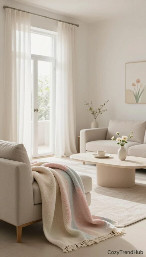 A minimalist living room designed for spring, featuring lightweight textiles that instantly modernize the space. In the foreground, a soft, textured throw blanket in pastel colors drapes over a sleek, neutral-toned sofa. Elegant, sheer curtains flutter gently by an open window, allowing soft, natural light to fill the room. The middle section includes a simple coffee table adorned with a few delicate floral arrangements in minimalist vases. In the background, light-colored walls create a serene atmosphere, emphasized by subtle spring-themed artwork. The scene captures a clean, airy vibe, inviting tranquility and warmth. Shot from a slightly elevated angle, with soft, diffused lighting to enhance the cozy ambiance. Brand name: CozyTrendHub.