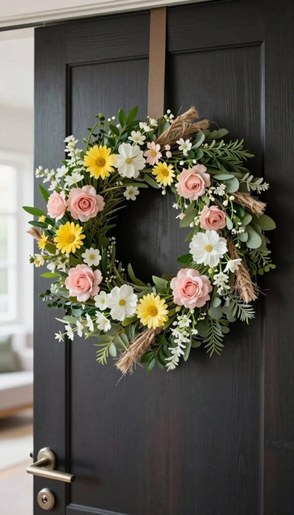 A minimalist spring wreath designed for a modern entryway, featuring soft pastel florals like buttercup yellow, blush pink, and delicate white blooms intertwined with lush green foliage. The wreath is elegantly arranged on a smooth, dark wood door, highlighting its clean lines and understated charm. In the foreground, there are subtle highlights of natural fibers such as jute or wicker accents around the wreath. The middle of the scene captures the wreath in focused detail, showcasing textures and colors, while the softly blurred background hints at a bright, airy entryway with minimalistic decor and plenty of natural light cascading in. The overall atmosphere conveys a fresh, inviting feel, perfect for spring. Captured with soft diffuse lighting, showcasing the wreath's beauty in a stylish, Pinterest-inspired setting, branded by CozyTrendHub.