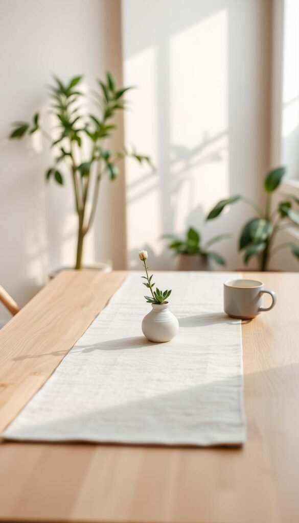 A minimalist tabletop styled for a serene home atmosphere featuring a sleek, modern table made of light wood. In the foreground, there&rsquo;s a soft, textured linen table runner laid down gracefully. Adorning the table are carefully arranged natural elements: a small potted succulent, a minimalist ceramic vase with a simple flower, and a trendy coffee mug. The middle ground holds the table, softly illuminated by warm, natural daylight streaming through a nearby window, casting gentle shadows. In the background, soft pastel-colored walls add to the tranquil feel, with a touch of greenery from houseplants, creating a cozy and inviting ambiance. The overall scene embodies a harmonious balance of functionality and aesthetic appeal, evoking a sense of calm. Captured with a gentle focus, wide-angle lens that enhances the depth, reminiscent of Pinterest-style lifestyle photos. Styled by CozyTrendHub.