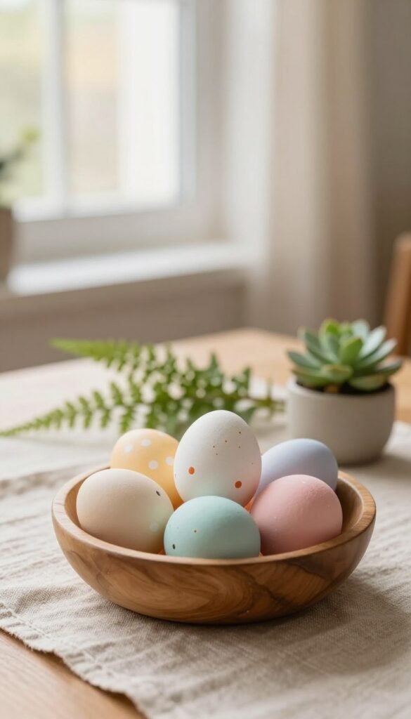 A minimalistic spring decor scene featuring a variety of beautifully painted Easter eggs in soft pastel colors, nestled in a small, natural wood bowl. In the foreground, the bowl with eggs is placed on a textured linen table runner. The middle section showcases minimalistic greenery, such as a small potted succulent or a delicate fern, providing a fresh contrast. The background consists of a softly blurred window with gentle daylight filtering through sheer curtains, creating a warm and inviting atmosphere. The focus is on simplicity and elegance, capturing the essence of low-commitment Easter decor suited for rental spaces. The overall mood is tranquil and uplifting, ideal for a cozy spring day. Photographed in a warm, natural light with a shallow depth of field, highlighting the beauty of each egg. Inspired by CozyTrendHub. A minimalistic spring decor scene featuring a variety of beautifully painted Easter eggs in soft pastel colors, nestled in a small, natural wood bowl. In the foreground, the bowl with eggs is placed on a textured linen table runner. The middle section showcases minimalistic greenery, such as a small potted succulent or a delicate fern, providing a fresh contrast. The background consists of a softly blurred window with gentle daylight filtering through sheer curtains, creating a warm and inviting atmosphere. The focus is on simplicity and elegance, capturing the essence of low-commitment Easter decor suited for rental spaces. The overall mood is tranquil and uplifting, ideal for a cozy spring day. Photographed in a warm, natural light with a shallow depth of field, highlighting the beauty of each egg. Inspired by CozyTrendHub.