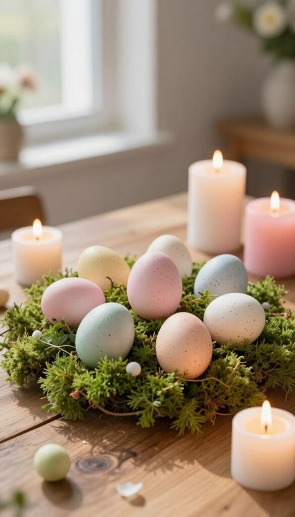 A modern Easter centerpiece featuring beautifully arranged eggs in soft pastel colors nestled among lush green moss. The eggs should vary in size and pattern, some smooth and others speckled, creating depth and interest. Surrounding the eggs, delicate white and pink candles of varying heights emit a warm, inviting glow. The setting is a rustic wooden table, adding to the cozy atmosphere. In the background, hint of spring flowers and leafy greens peek out but remain softly blurred to keep the focus on the centerpiece. Bright, natural light streams in from a nearby window, casting gentle shadows that enhance the serene mood. Capture this scene in a natural, Pinterest-inspired style that embodies modern elegance and seasonal charm. Created for CozyTrendHub.