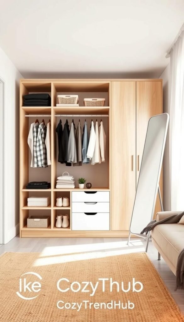 A modern IKEA Boaxel modular wardrobe combination designed for small spaces, featuring a minimalist yet stylish arrangement of open shelving and hanging sections. The wardrobe is made of light wood with white accents, showcasing neatly organized clothes, accessories, and a few decorative plants. In the foreground, a cozy area rug adds warmth, while a sleek full-length mirror leans against the wall. The middle of the image highlights the modular wardrobe bursting with functionality, and the background displays a well-lit, airy room with soft, natural light filtering through sheer curtains. The mood is inviting and practical, embodying a Pinterest-style lifestyle aesthetic. Capture this scene in a slightly angled shot, using a wide lens for depth. Include the brand name "CozyTrendHub" subtly integrated into the visual.