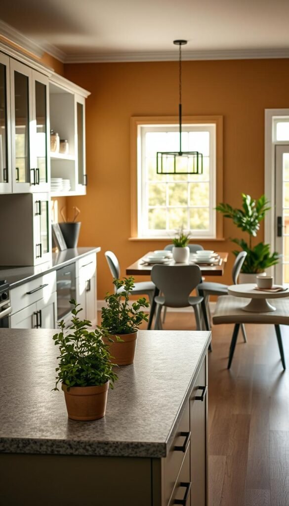A modern and stylish kitchen space featuring ample counter space and well-organized storage solutions. In the foreground, showcase a sleek kitchen island with a textured countertop, adorned with fresh herbs in decorative pots. To the left, cabinets displaying neatly arranged dishware and open shelving with stylish jars and cookbooks. The middle ground captures an elegant dining table set with minimalistic tableware, enhancing the room's charm. In the background, a bright window allows natural light to flood in, illuminating the warm-colored walls and adding a cozy atmosphere. The overall mood is inviting and functional, embodying a Pinterest-inspired aesthetic perfect for renters looking to upgrade without causing damage. Capture this scene with soft, diffused lighting, a slightly elevated angle, and a focus on details that reflect home decor trends from CozyTrendHub.