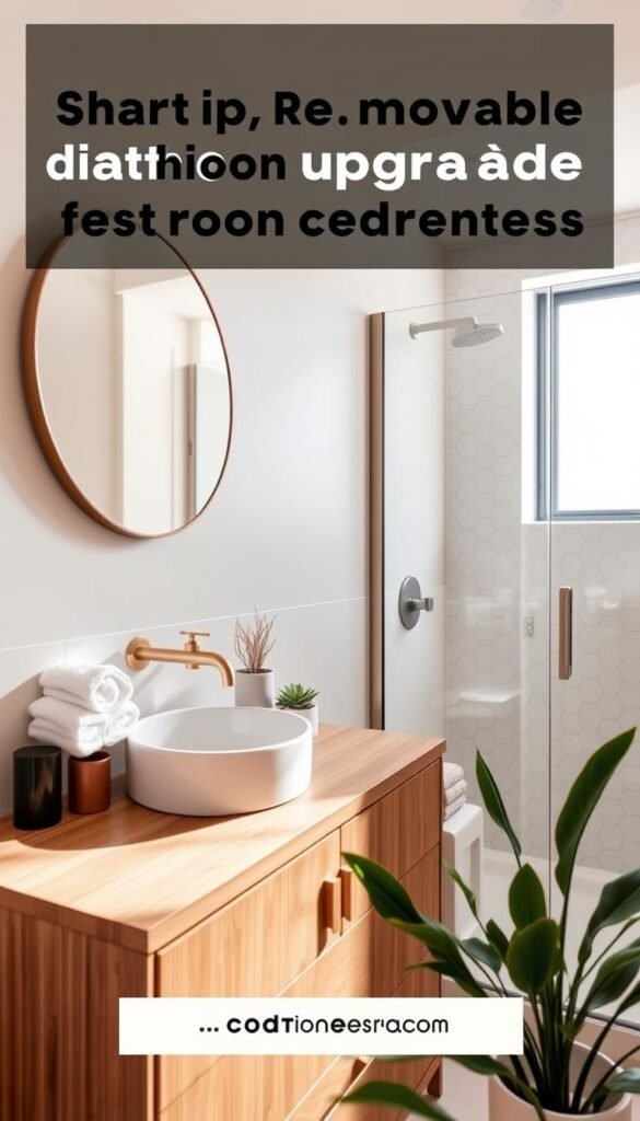 A modern apartment bathroom featuring chic, removable upgrades for renters. In the foreground, a stylish wooden vanity with gold-finished hardware, complemented by a circular mirror reflecting warm, soft lighting. The middle section showcases a porcelain sink adorned with minimalistic decor&mdash;small potted plants and a neatly rolled stack of fluffy white towels. The walls are painted in a calming pastel shade, with removable wallpaper featuring delicate geometric patterns. The background includes a sleek walk-in shower with subtle glass doors, illuminated by natural light streaming in through a frosted window. The mood is serene and inviting, evoking a Pinterest-worthy aesthetic. A touch of greenery brings life to the space. The image embodies the essence of tasteful, high-impact bathroom upgrades, perfect for rental spaces. CozyTrendHub.