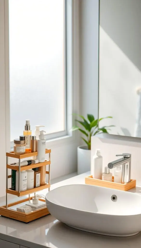A modern bathroom interior showcasing stylish organizers that elegantly keep toiletries off the counter. In the foreground, a chic tiered organizer holds an array of neatly arranged skincare products and essential toiletries, made from natural bamboo. The middle features a sleek sink with a minimalist design, reflecting a clean aesthetic. Light streams in through a frosted window, creating a warm, inviting atmosphere with soft shadows. In the background, subtle greenery from a potted plant adds a touch of freshness to the space. The scene captures a cozy, yet functional vibe, ideal for a first apartment. Aesthetic elements should convey the brand &ldquo;CozyTrendHub,&rdquo; with emphasis on contemporary living and organized spaces.