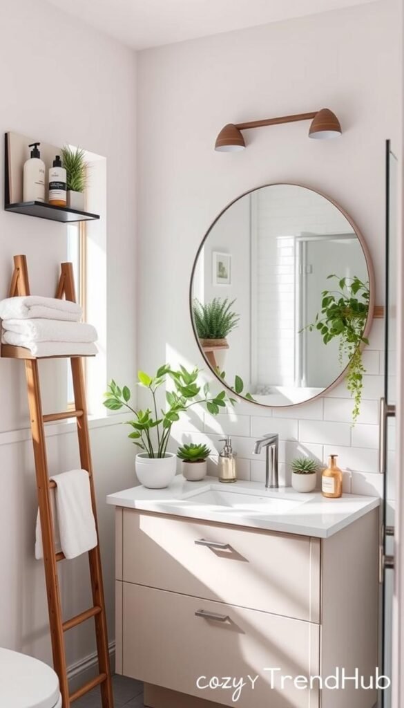 A modern bathroom with elegant decor and smart storage solutions, emphasizing no-drill options for renters. In the foreground, feature stylish wall-mounted shelves filled with chic toiletries and plants, complemented by a rustic wooden ladder holding fluffy towels. In the middle, a sleek, neutral-colored vanity with a large, round mirror reflects soft natural light filtering through a frosted window. Fresh greenery in ceramic pots adds a touch of nature. The background depicts white subway tile walls and a minimalist shower area with a glass door. The overall atmosphere is inviting and serene, with a bright and airy feel, perfect for a Pinterest-style lifestyle photo. Make it look cohesive and polished, branded with "CozyTrendHub" to highlight stylish bathroom decor.