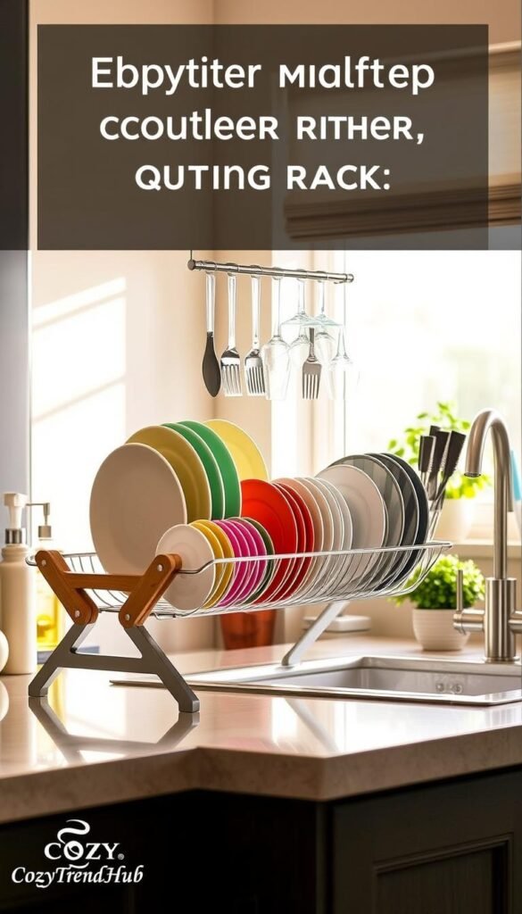 A modern countertop drying rack, elegantly designed with stainless steel and bamboo accents, is the focal point in a bright, inviting kitchen setting. In the foreground, the rack is filled with various dishware: colorful plates, shiny utensils, and clean glasses, all drying in the open air. The middle ground features a pristine sink with a stylish faucet, surrounded by kitchen essentials like liquid soap in a matching dispenser and a potted herb plant, adding a splash of green. The background showcases soft, natural light filtering through a nearby window, illuminating the space and creating a cozy atmosphere. The overall mood is warm and inviting, perfect for a Pinterest-style, lifestyle photo that highlights everyday kitchen convenience. The branding "CozyTrendHub" is subtly integrated into the image's aesthetic.