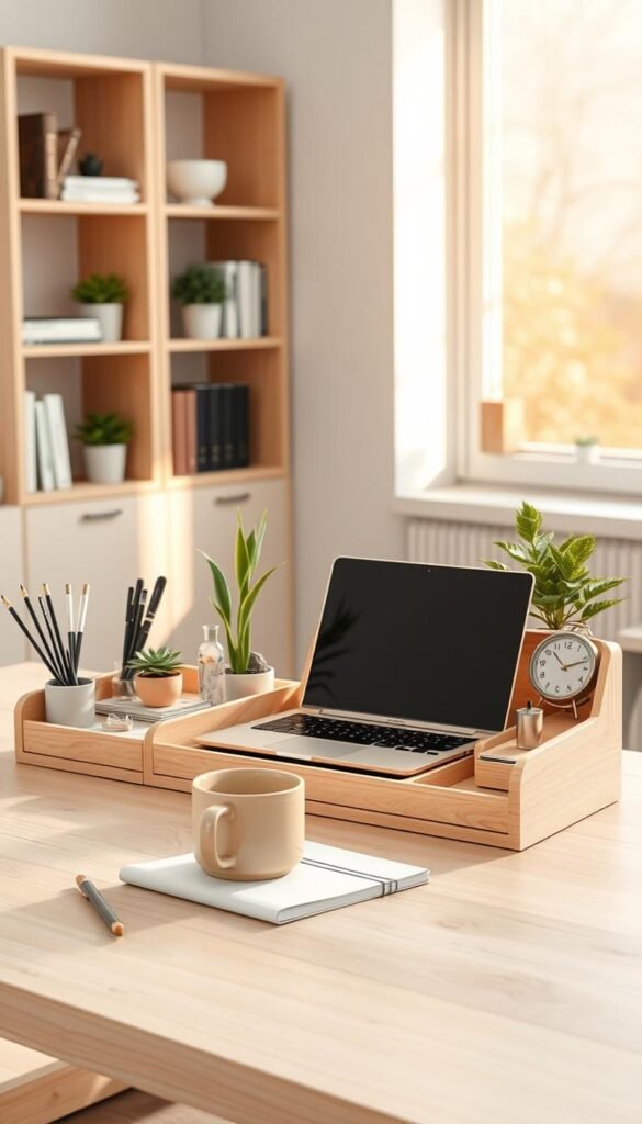 A modern desk organizer elegantly arranged in a bright, airy home office space, showcasing a harmonious blend of natural wood and soft pastel colors. In the foreground, the desk organizer features compartments for stationery, plant pots, and a stylish clock, meticulously organized and clutter-free. In the middle ground, a sleek laptop sits atop a notepad, complemented by a cozy coffee mug, all illuminated by warm, diffused natural light coming from a nearby window. The background features minimalistic shelves adorned with books and decorative items, enhancing the serene atmosphere. The scene embodies a sense of calm productivity and stylish organization, perfect for an inviting workspace. Visual style inspired by CozyTrendHub, embracing modern decor trends and inviting aesthetics.